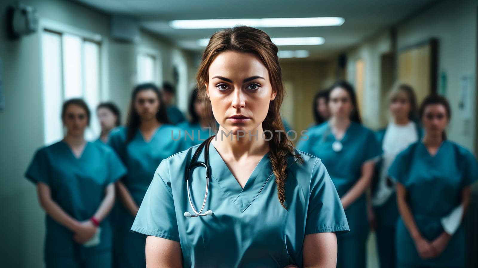 Young doctor woman in uniform with her team of doctors in a medical hospital with modern equipment. Hospital, medicine, doctor and pharmaceutical company, healthcare and health insurance.