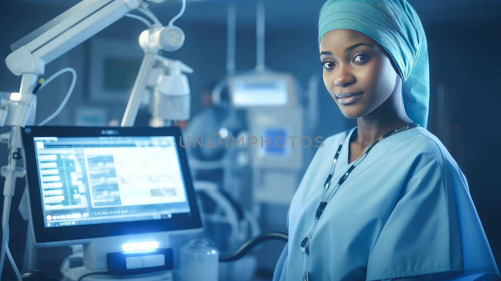Doctor woman dark-skinned African American in a modern light-colored medical hospital with modern equipment, new technologies. Hospital, medicine, doctor and pharmaceutical company, healthcare and health insurance.