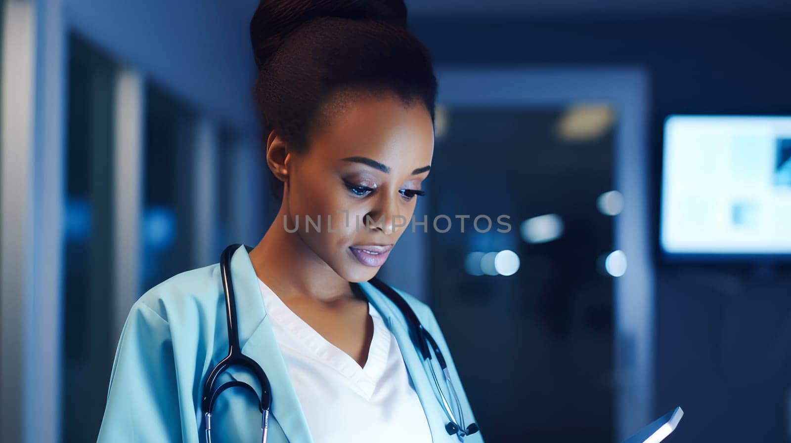 Doctor woman dark-skinned African American in a modern light-colored medical hospital with modern equipment, new technologies. Hospital, medicine, doctor and pharmaceutical company, healthcare and health insurance.