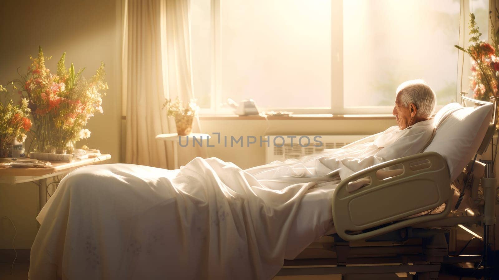 An elderly old patient lies in a bed in a room with a large window and sunlight and with modern equipment, new technologies. Hospital, nursing home, medicine, doctor and pharmaceutical company, healthcare and health insurance.