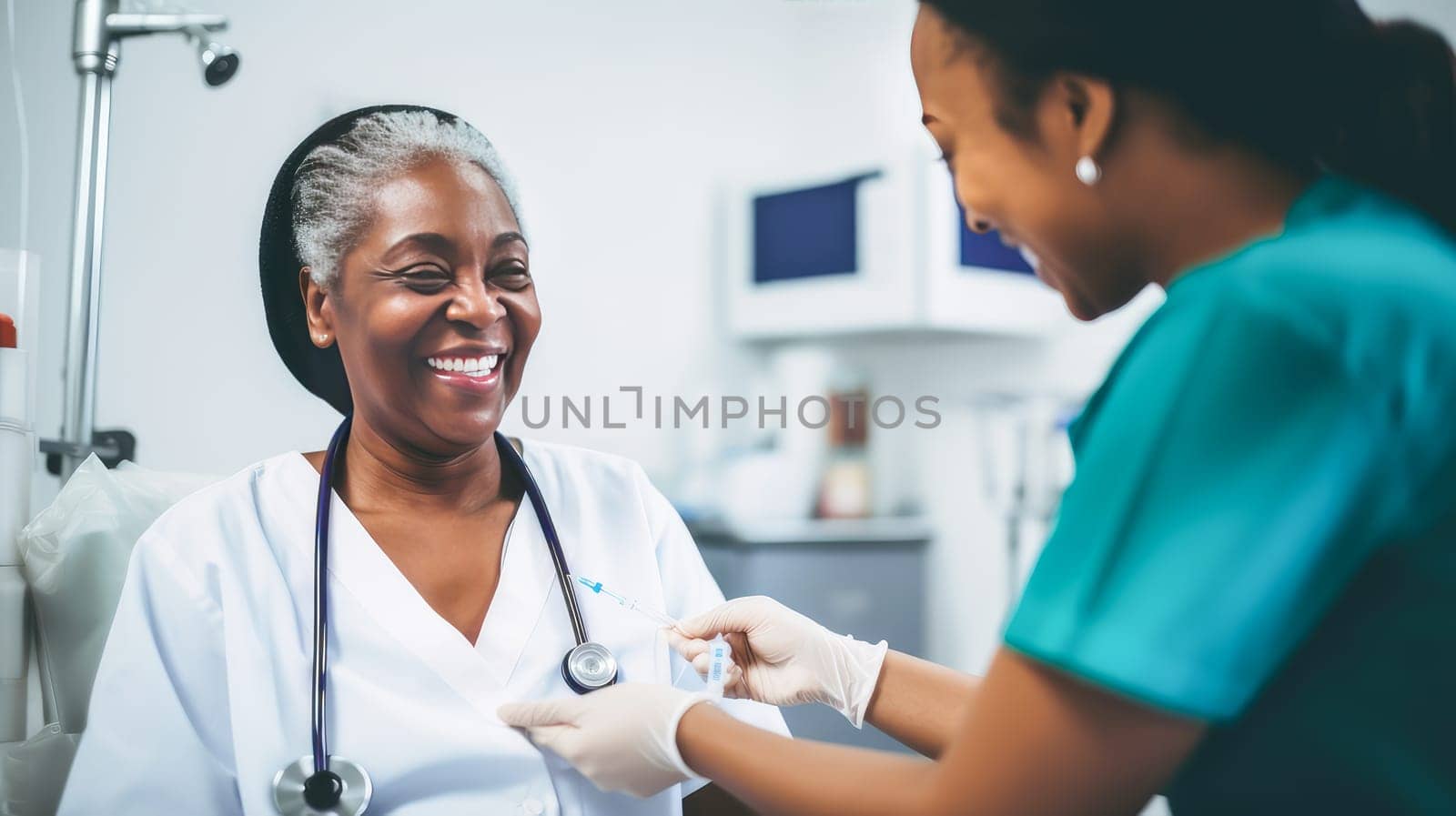 An elderly old patient, a dark-skinned African-American woman, at an appointment with a doctor in a modern bright medical ward of a hospital with modern equipment, new technologies. Hospital, medicine, doctor and pharmaceutical company, healthcare and health insurance.