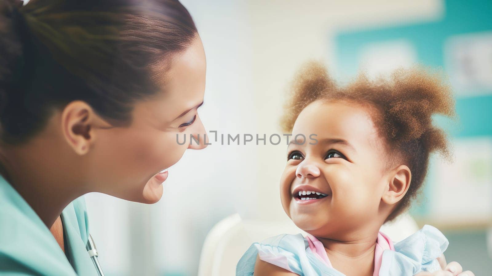 A small dark-skinned African-American child at an appointment with a doctor in a modern, bright medical ward of a hospital with modern equipment and new technologies. Hospital, medicine, doctor and pharmaceutical company, healthcare and health insurance.