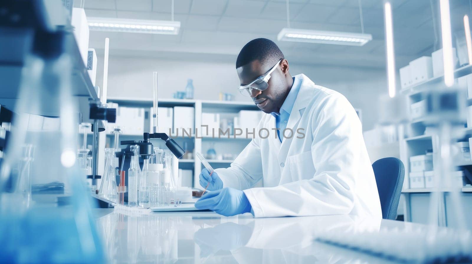 Doctor male dark-skinned African American woman in a modern light-colored medical hospital with modern equipment, new technologies. Hospital, medicine, doctor and pharmaceutical company, healthcare and health insurance.