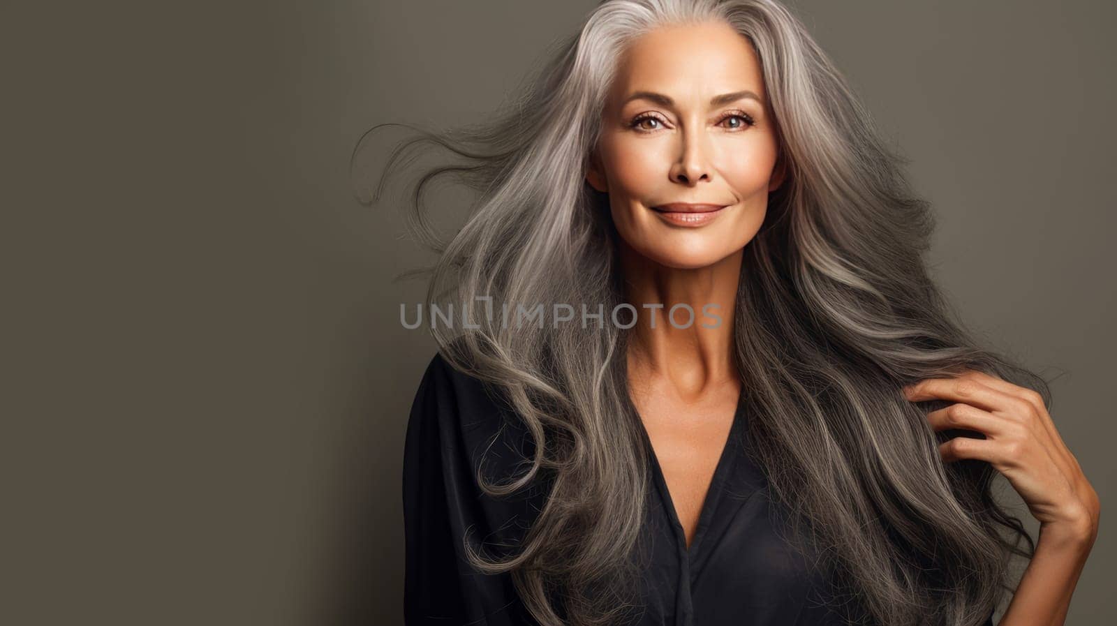 Elegant, elderly, chic Latino, Spain woman with gray long hair and perfect skin, on a brown background, banner. Advertising of cosmetic products, spa treatments, shampoos and hair care products, dentistry and medicine, perfumes and cosmetology women