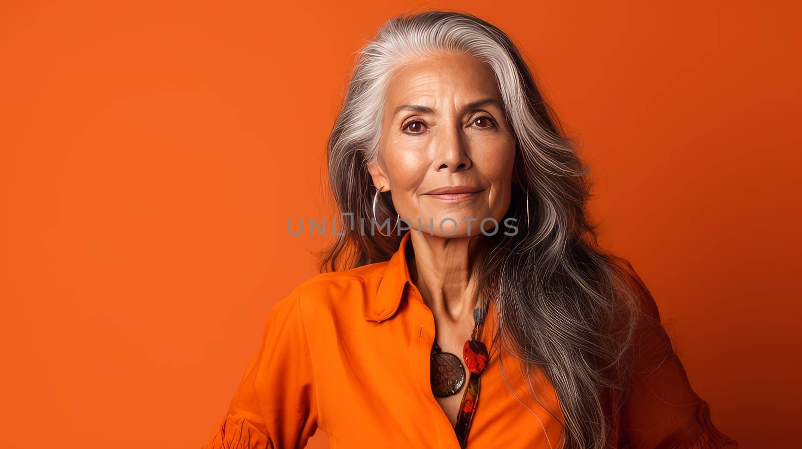 Elegant, elderly, chic Latino, Spain woman with gray long hair and perfect skin, orange background, banner. Advertising of cosmetic products, spa treatments, shampoos and hair care products, dentistry and medicine, perfumes and cosmetology for women