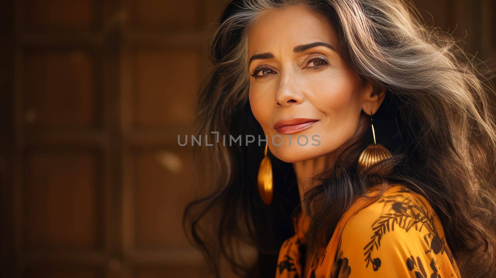 Elegant, elderly, chic latino, Spain woman with gray long hair and perfect skin, golden background, banner. Advertising of cosmetic products, spa treatments, shampoos and hair care products, dentistry and medicine, perfumes and cosmetology for women