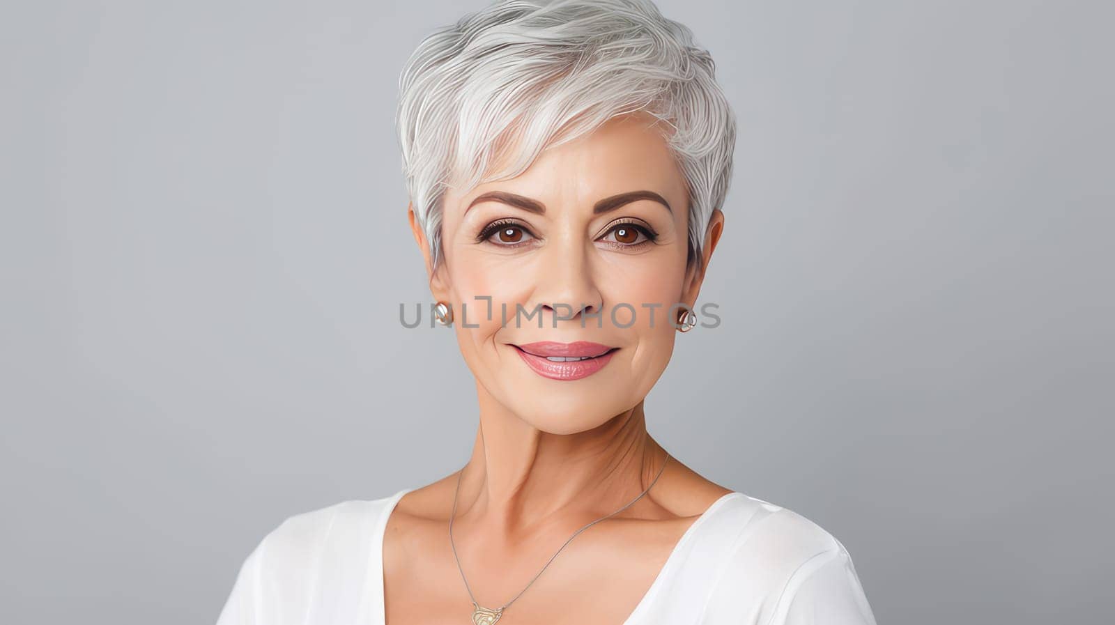 Elegant smiling elderly, chic Latino, Spain woman with gray hair and perfect skin, white background, banner. Advertising of cosmetic products, spa treatments, shampoos and hair care products, dentistry and medicine, perfumes and cosmetology for women