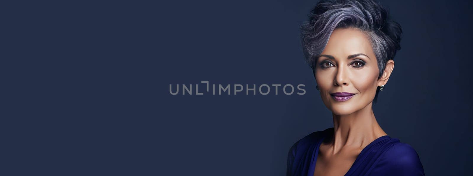 Elegant, smiling elderly, chic latino, Spain woman with gray hair and perfect skin, blue background banner. Advertising of cosmetic products, spa treatments, shampoos and hair care products, dentistry and medicine, perfumes and cosmetology for women