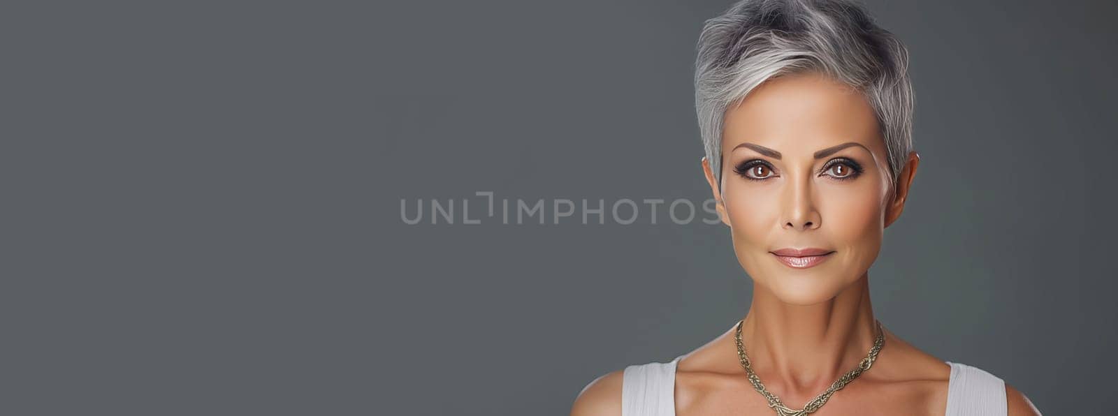 Elegant, smiling elderly, chic latino, Spain woman with gray hair and perfect skin, silver background banner. by Alla_Yurtayeva