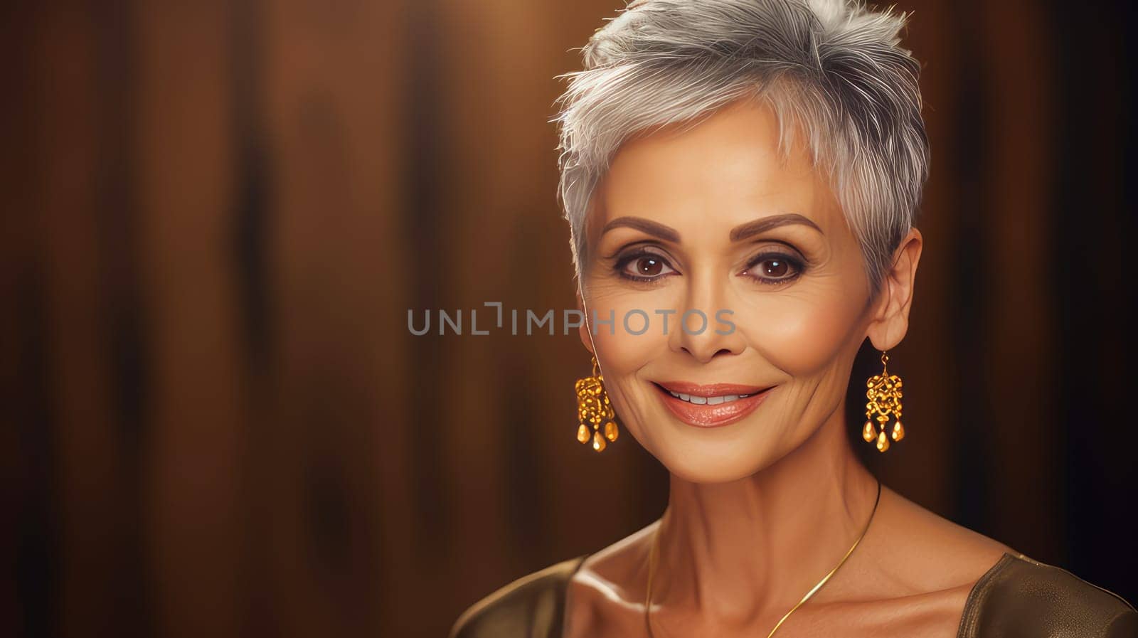 Elegant, smiling elderly, chic latino, Spain woman with gray hair and perfect skin, gold background banner. Advertising of cosmetic products, spa treatments, shampoos and hair care products, dentistry and medicine, perfumes and cosmetology for women