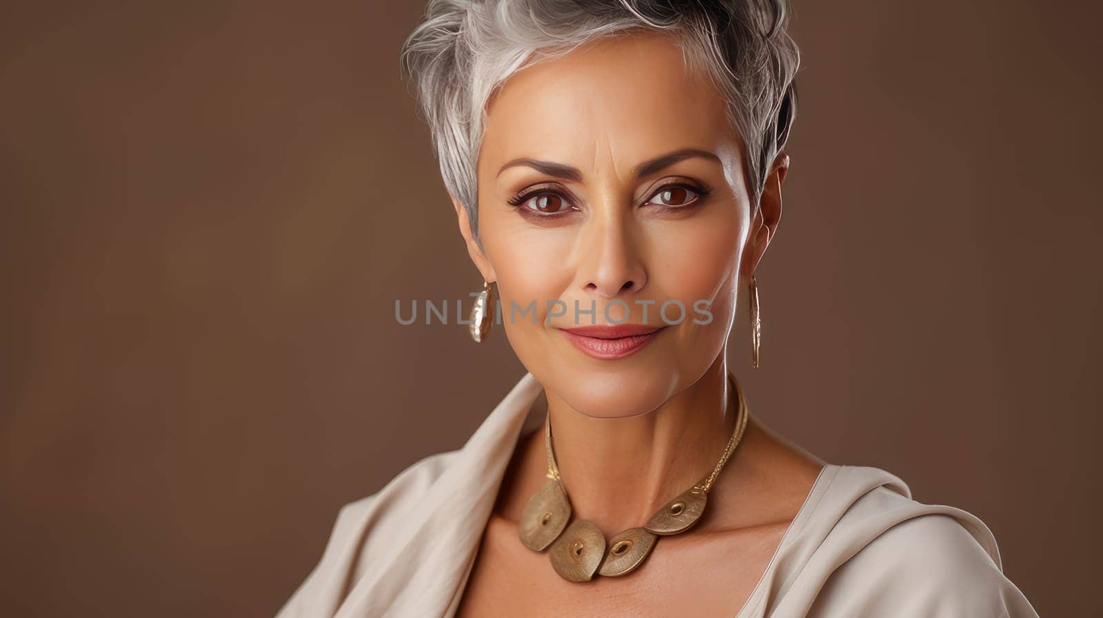 Elegant, smiling elderly, chic latino, Spain woman with gray hair and perfect skin, creamy beige background banner. Advertising of cosmetic products, spa treatments, shampoos hair care products, dentistry and medicine, perfumes and cosmetology women