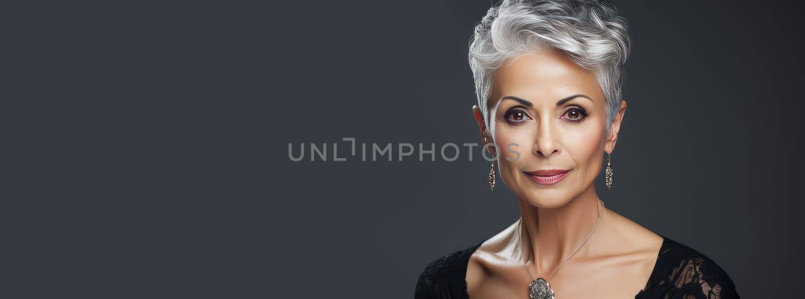 Elegant, smiling elderly, chic latino, Spain woman with gray hair and perfect skin, gray background banner. by Alla_Yurtayeva