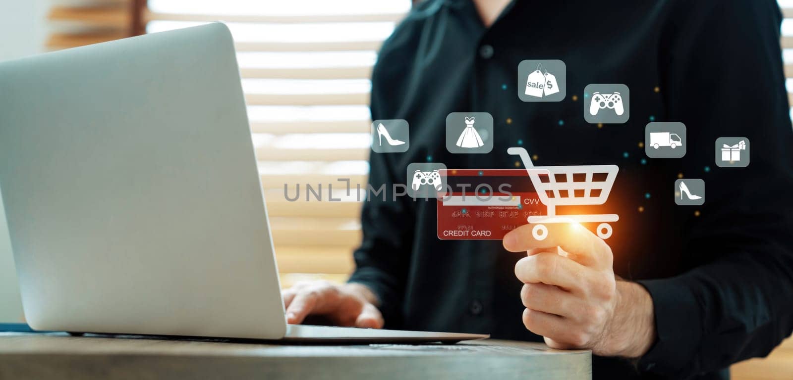 Smart customer open online store use credit card for online shopping. Cybercash. by biancoblue