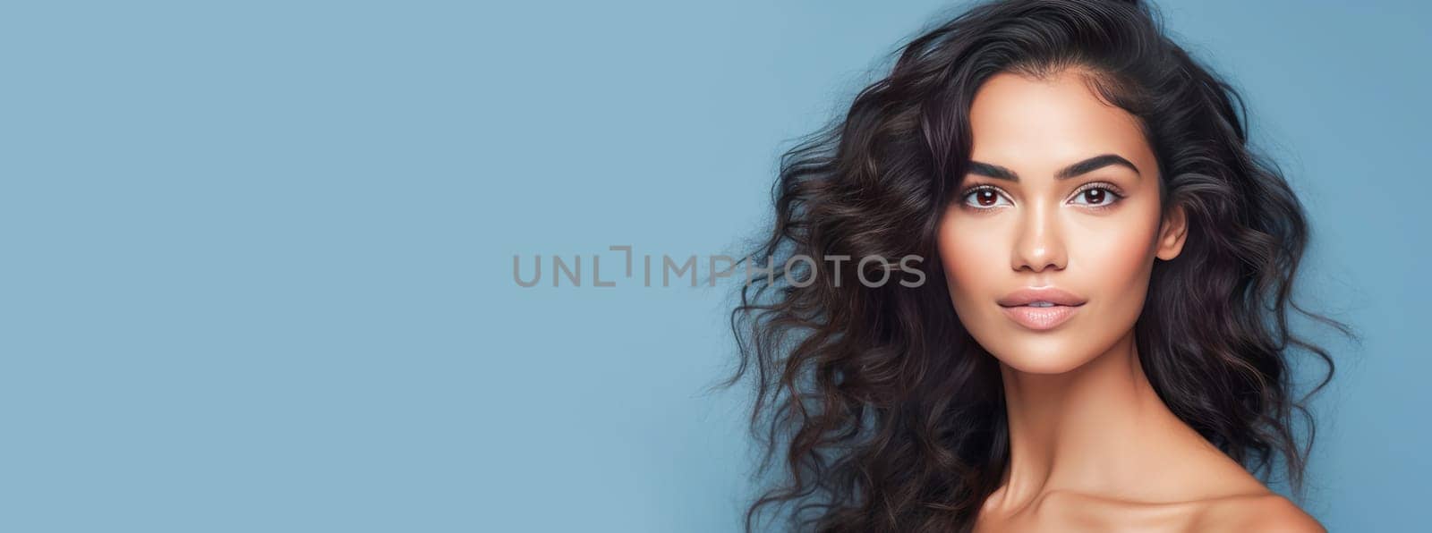Beautiful, elegant, sexy Latino, Spain woman with perfect skin, on a light blue background, banner. by Alla_Yurtayeva