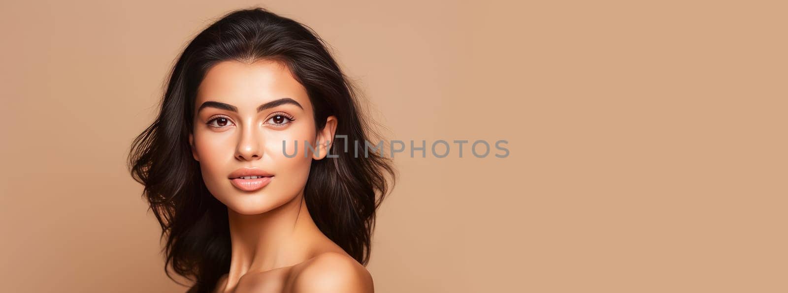 Beautiful, elegant, sexy Latino, Spain woman with perfect skin, on a creamy beige background, banner. Advertising of cosmetic products, spa treatments, shampoos and hair care products, dentistry and medicine, perfumes and cosmetology for women