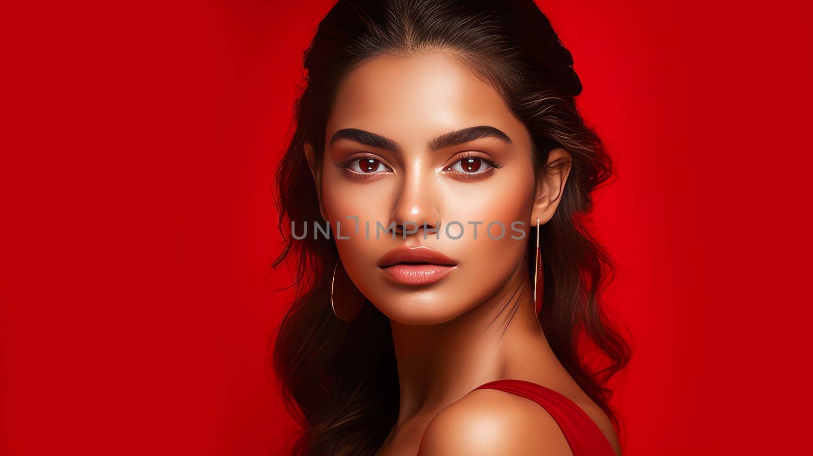 Beautiful, elegant, sexy Latino, Spain woman with perfect skin, on a red background, banner. Advertising of cosmetic products, spa treatments, shampoos and hair care products, dentistry and medicine, perfumes and cosmetology for women