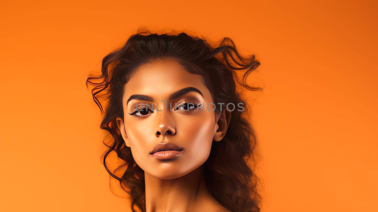 Beautiful, elegant, sexy Latino, Spain woman with perfect skin, on an orange background, banner. by Alla_Yurtayeva