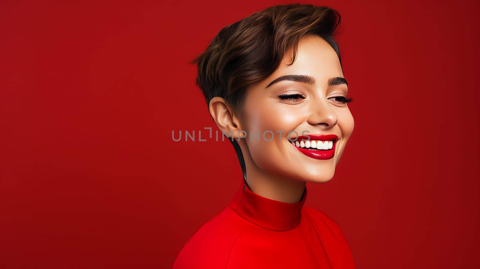 Beautiful, elegant, sexy Latino, Spain, short-haired woman with perfect skin, on a red background, banner. Advertising of cosmetic products, spa treatments, shampoos and hair care products, dentistry and medicine, perfumes and cosmetology for women