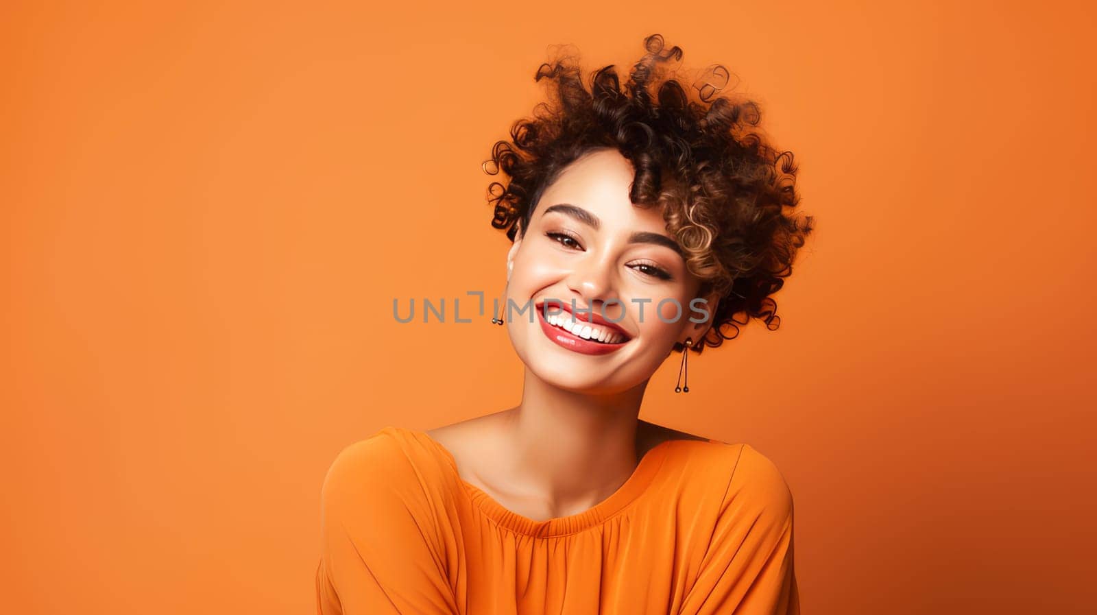 Beautiful, elegant, sexy Latino, Spain with short haircut woman with perfect skin, orange background, banner. by Alla_Yurtayeva