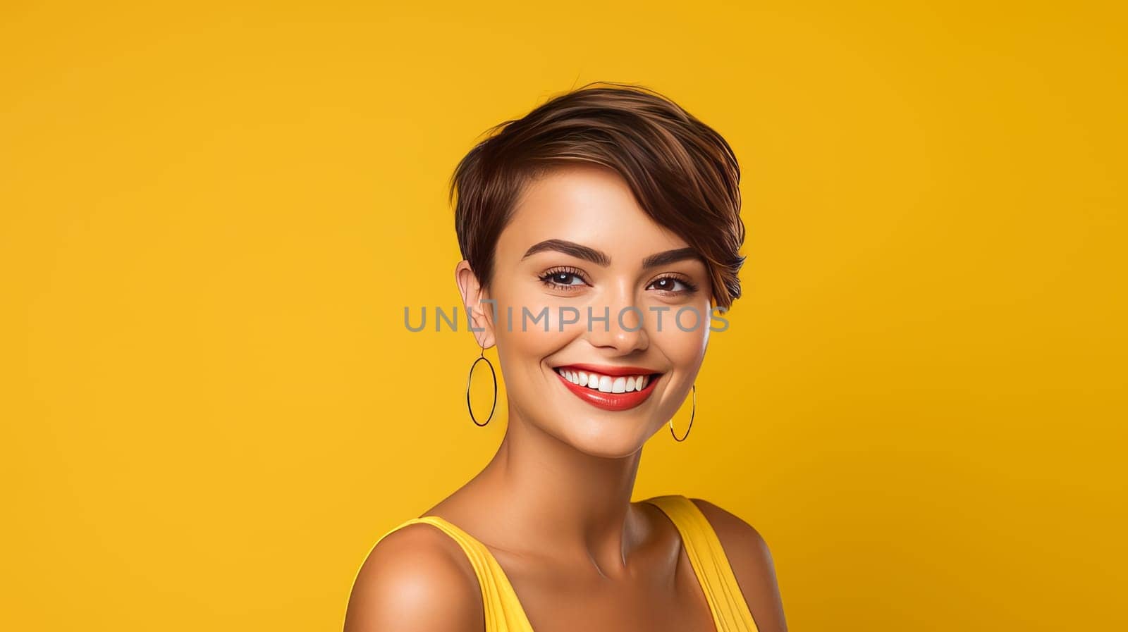 Beautiful, elegant sexy Latino, Spain with short haircut woman with perfect skin, yellow background, banner. Advertising of cosmetic products, spa treatments, shampoos and hair care products, dentistry and medicine, perfumes and cosmetology for women