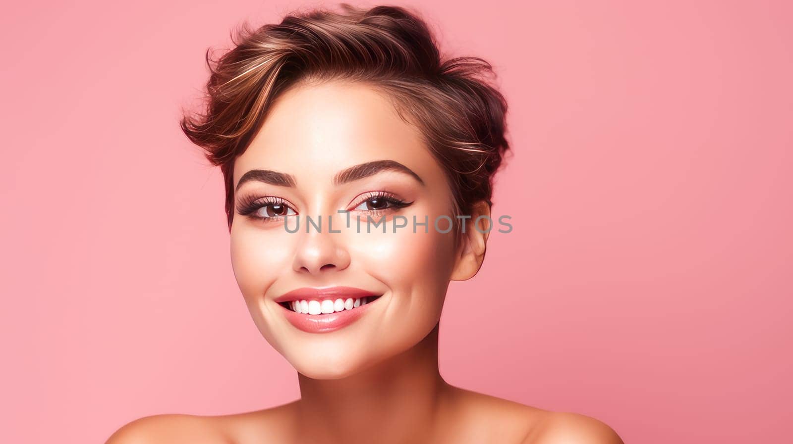 Beautiful, elegant, sexy Latino, Spain with short haircut woman with perfect skin, pink background, banner. Advertising of cosmetic products, spa treatments, shampoos and hair care products, dentistry and medicine, perfumes and cosmetology for women