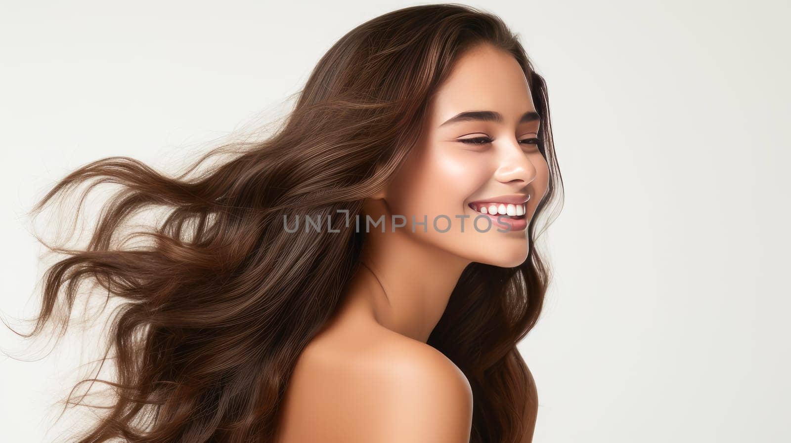 Beautiful, elegant, sexy Latino, Spain woman with long hair with perfect skin, white background, banner. Advertising of cosmetic products, spa treatments, shampoos and hair care products, dentistry and medicine, perfumes and cosmetology for women