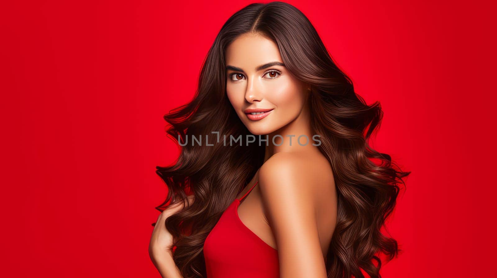 Beautiful, elegant, sexy Latino, Spain woman with long hair with perfect skin, red background, banner. by Alla_Yurtayeva