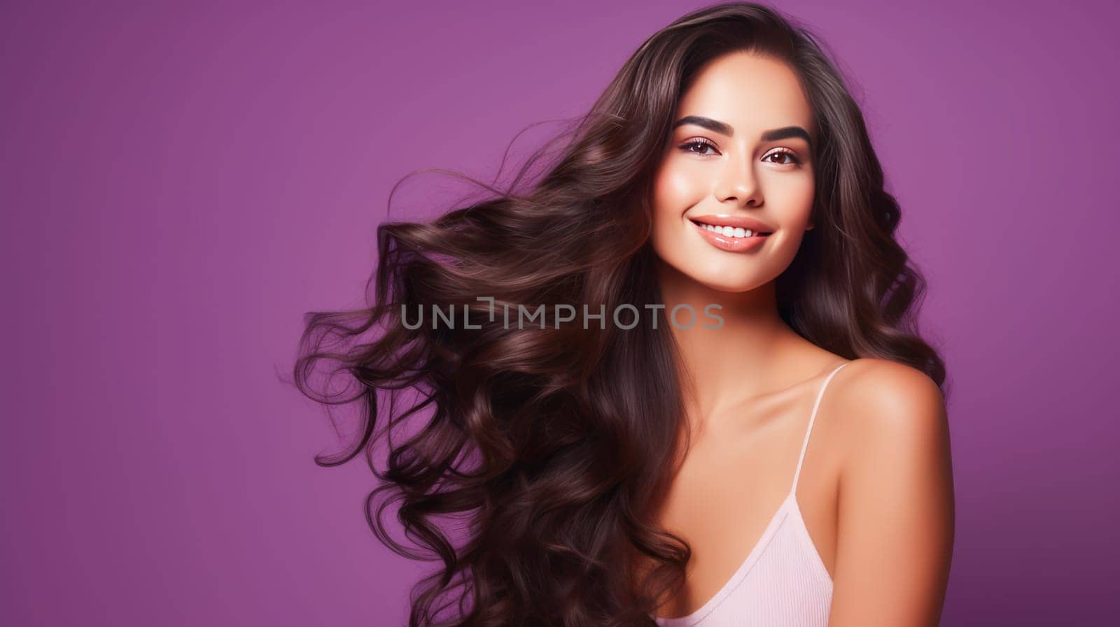 Beautiful, elegant, sexy Latino, Spain woman with long hair with perfect skin, purple background, banner. Advertising of cosmetic products, spa treatments, shampoos and hair care products, dentistry and medicine, perfumes and cosmetology for women