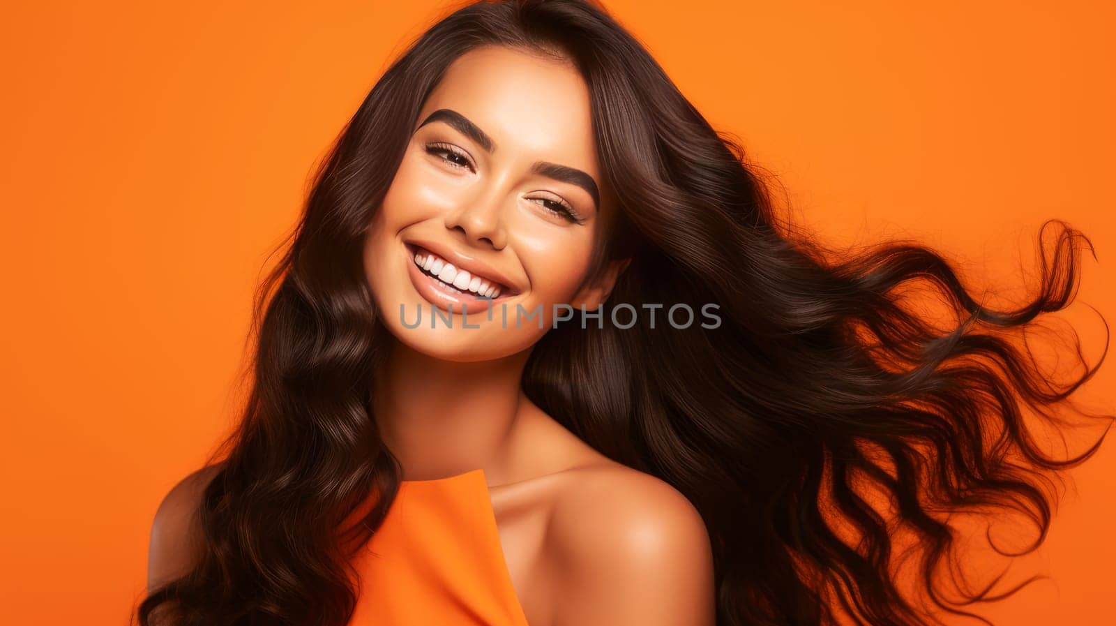 Beautiful, elegant, sexy Latino, Spain woman with long hair with perfect skin, orange background, banner. by Alla_Yurtayeva