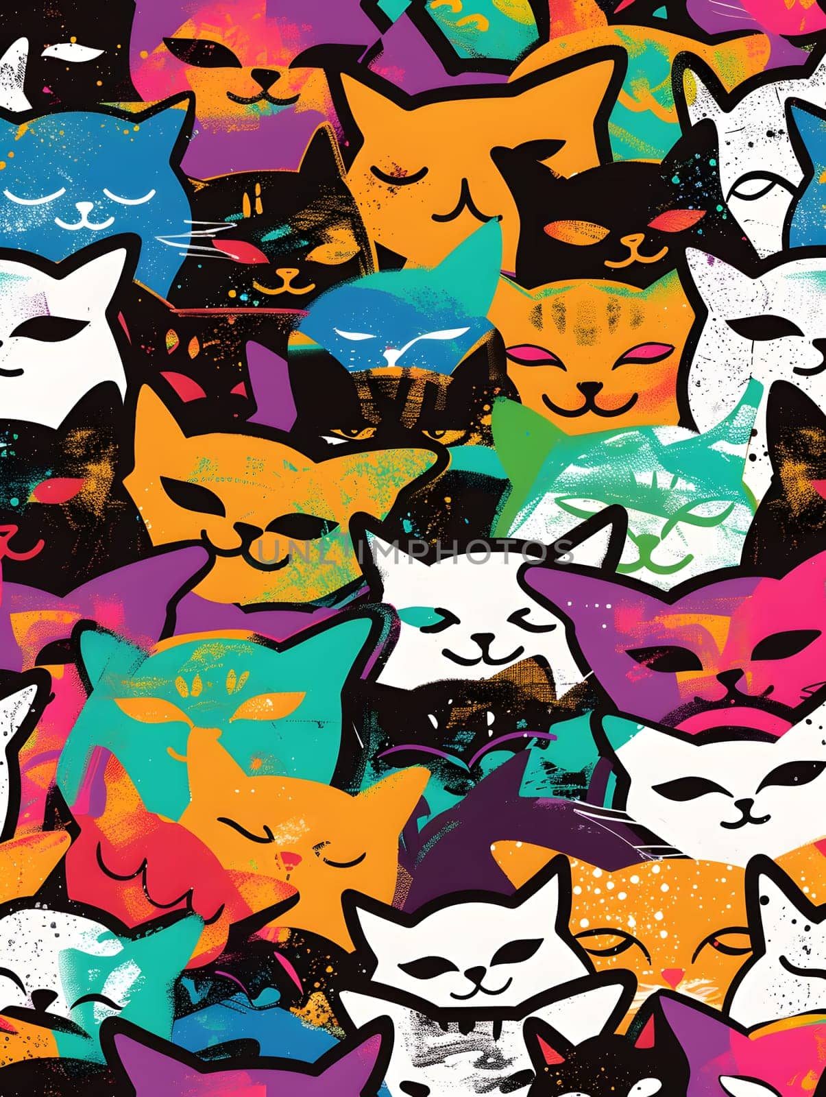 a seamless pattern of colorful cats with their eyes closed by Nadtochiy