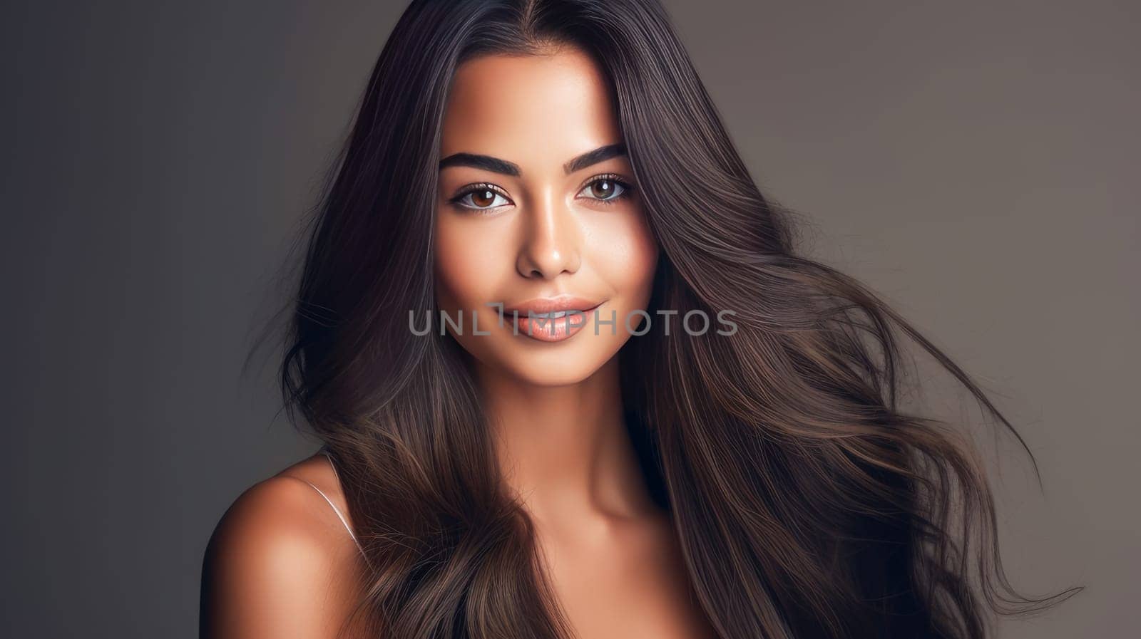 Beautiful, elegant, sexy Latino, Spain woman with long hair with perfect skin, silver background, banner. by Alla_Yurtayeva