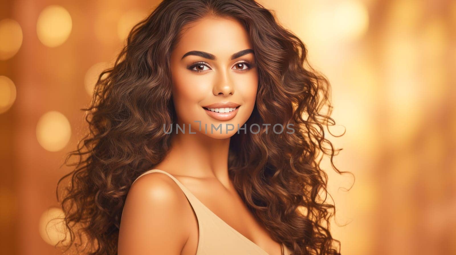 Beautiful, elegant, sexy Latino, Spain woman with long hair with perfect skin, golden background, banner. by Alla_Yurtayeva
