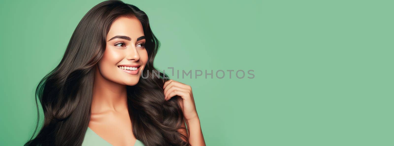 Beautiful, elegant, sexy Latino, Spain woman with long hair with perfect skin, light green background, banner. Advertising of cosmetic products, spa treatments, shampoos and hair care products, dentistry and medicine, perfumes and cosmetology women