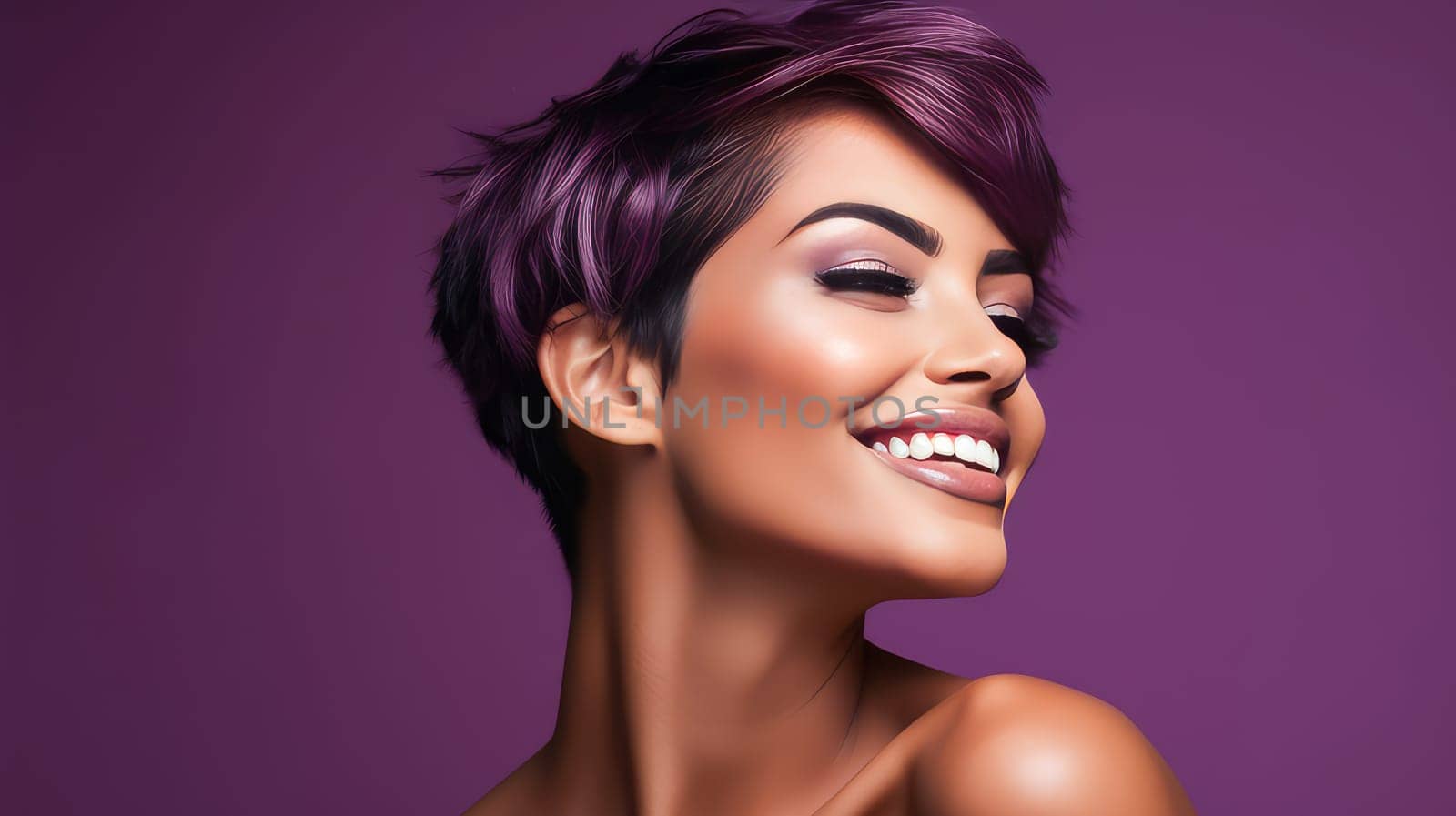 Beautiful, elegant, sexy Latina, Spain with short haircut, woman with perfect skin, purple background, banner. Advertising cosmetic products, spa treatments, shampoos and hair care products, dentistry and medicine, perfumes and cosmetology for women