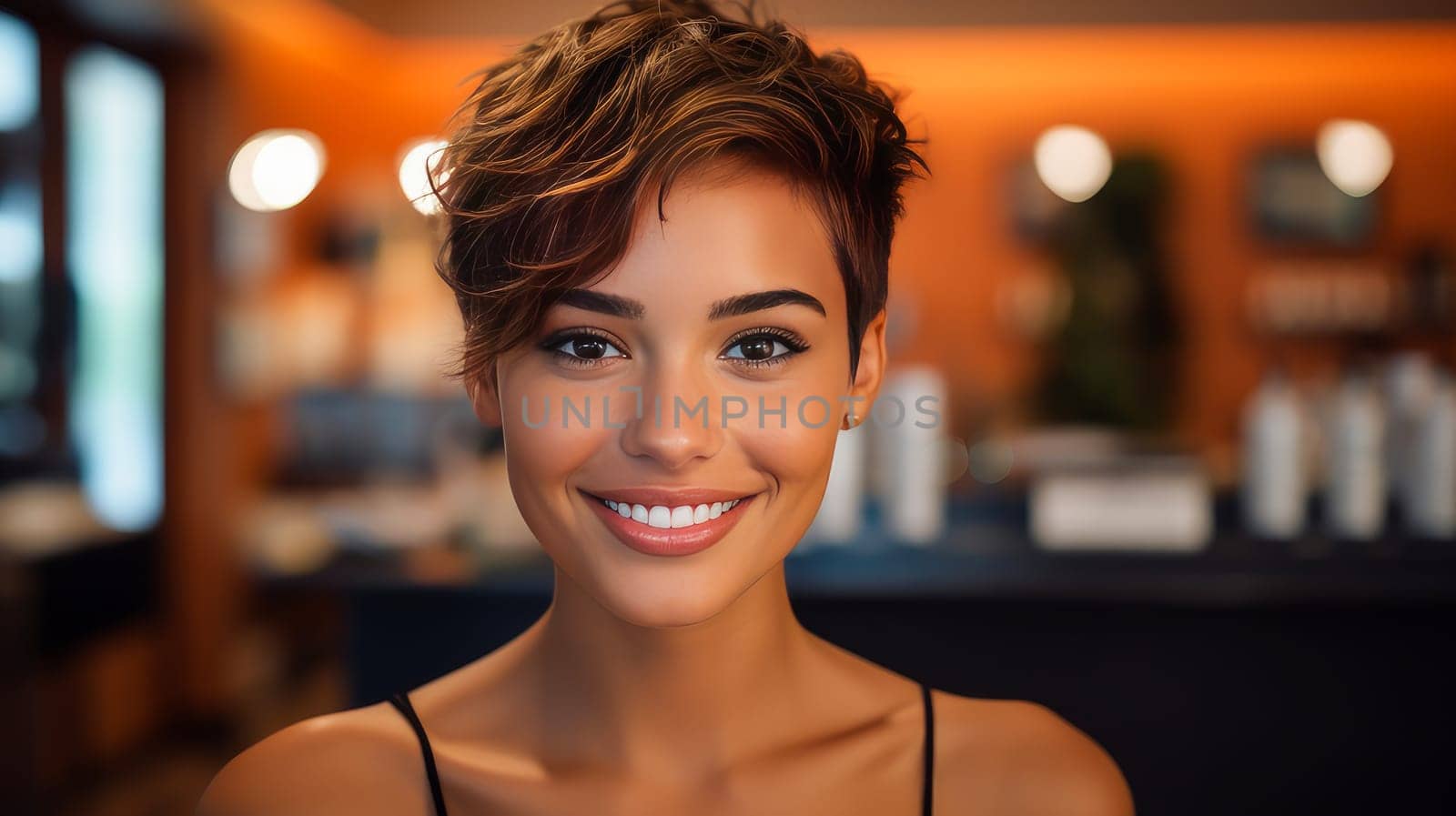 Beautiful, elegant, sexy Latina, Spain with short haircut, woman with perfect skin, orange background, banner. Advertising cosmetic products, spa treatments, shampoos and hair care products, dentistry and medicine, perfumes and cosmetology for women