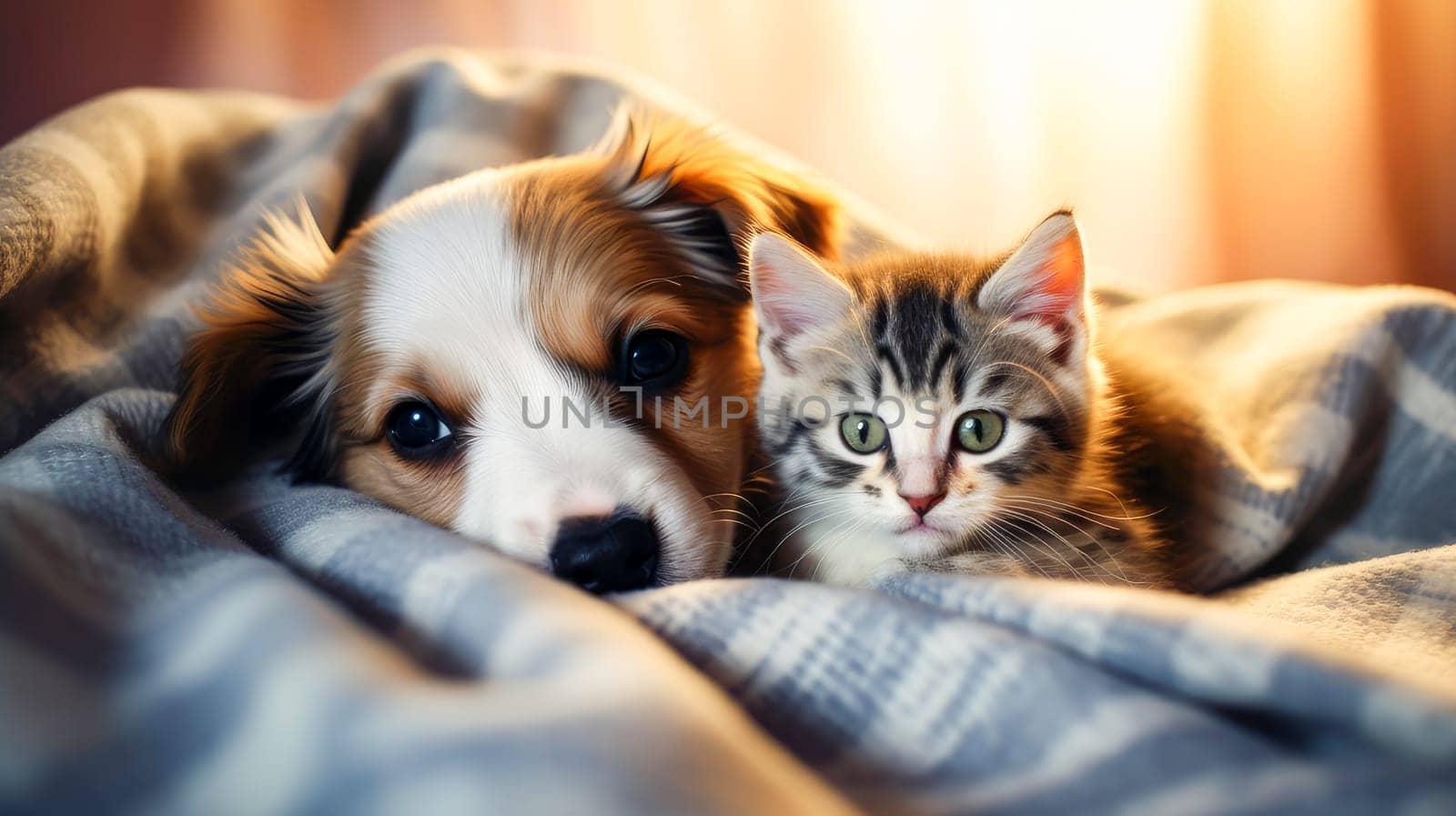 A happy, contented and cute kitten and puppy lie comfortably together under a blanket on the bed. Advertising holidays for animals, travel agency, pet store, modern training and courses, animators, holiday goods.