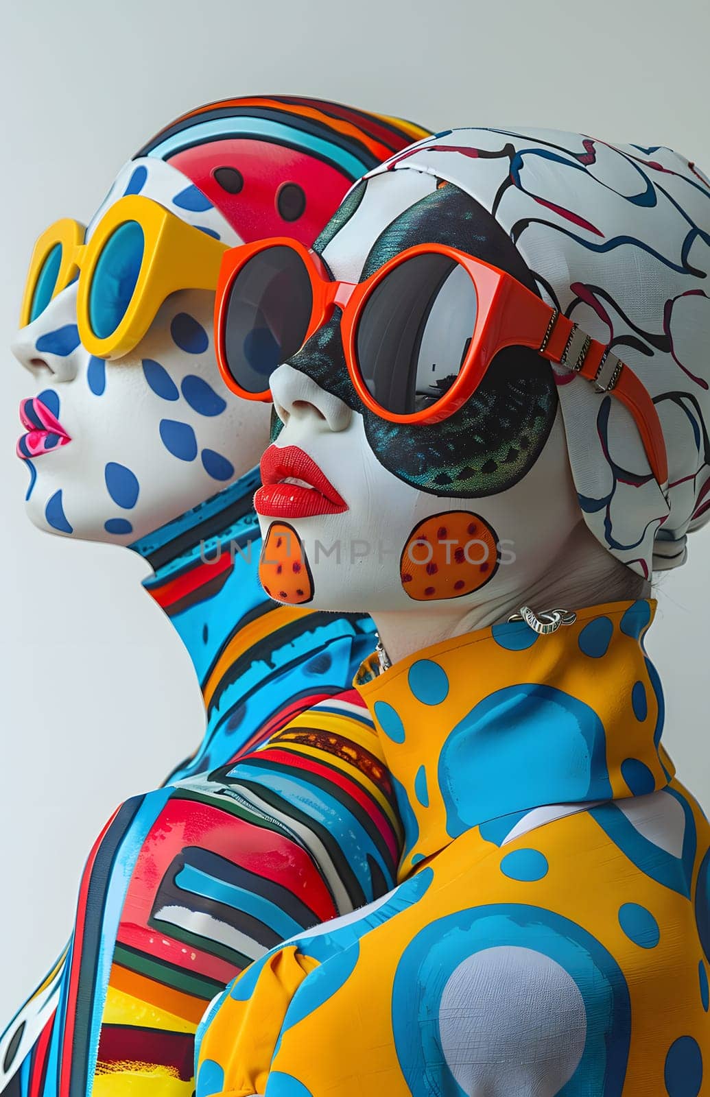 Two vibrant mannequins wearing colorful swim caps and sunglasses are standing together, showcasing a mix of art, headgear, and eyewear in electric blue and bold patterns