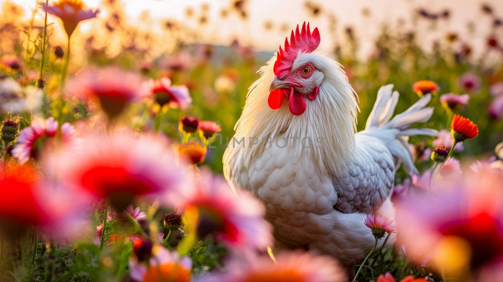Cute, beautiful chicken in a field with flowers in nature, in the sun's rays. Environmental protection, the problem of ocean and nature pollution. Advertising for a travel agency, pet store, veterinary clinic, phone screensaver, beautiful pictures, puzzles