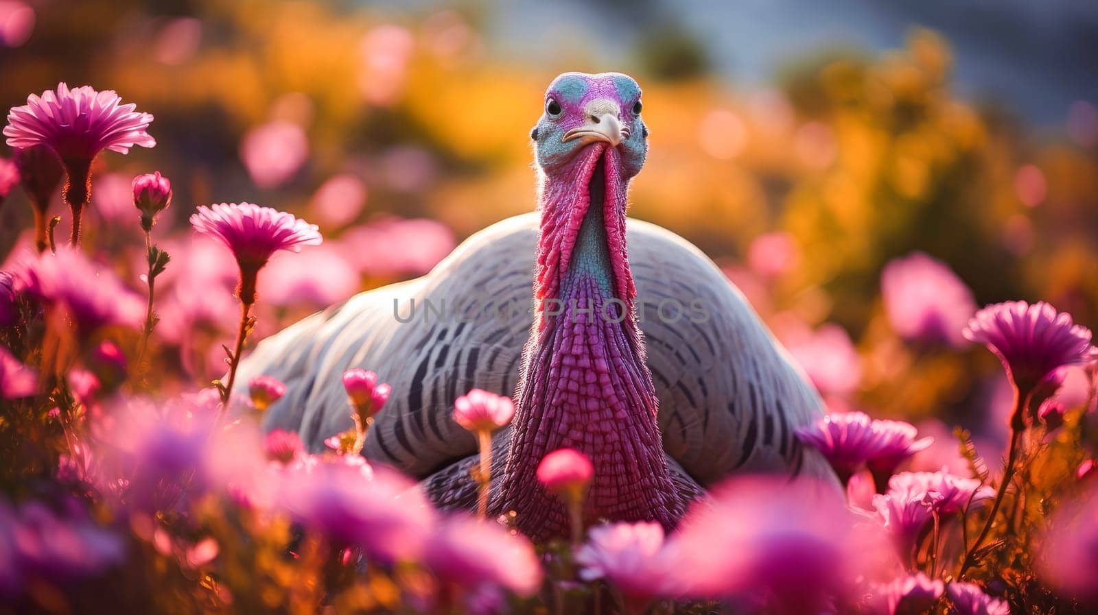 Cute, beautiful turkey in a field with flowers in nature, in the sun's rays. by Alla_Yurtayeva