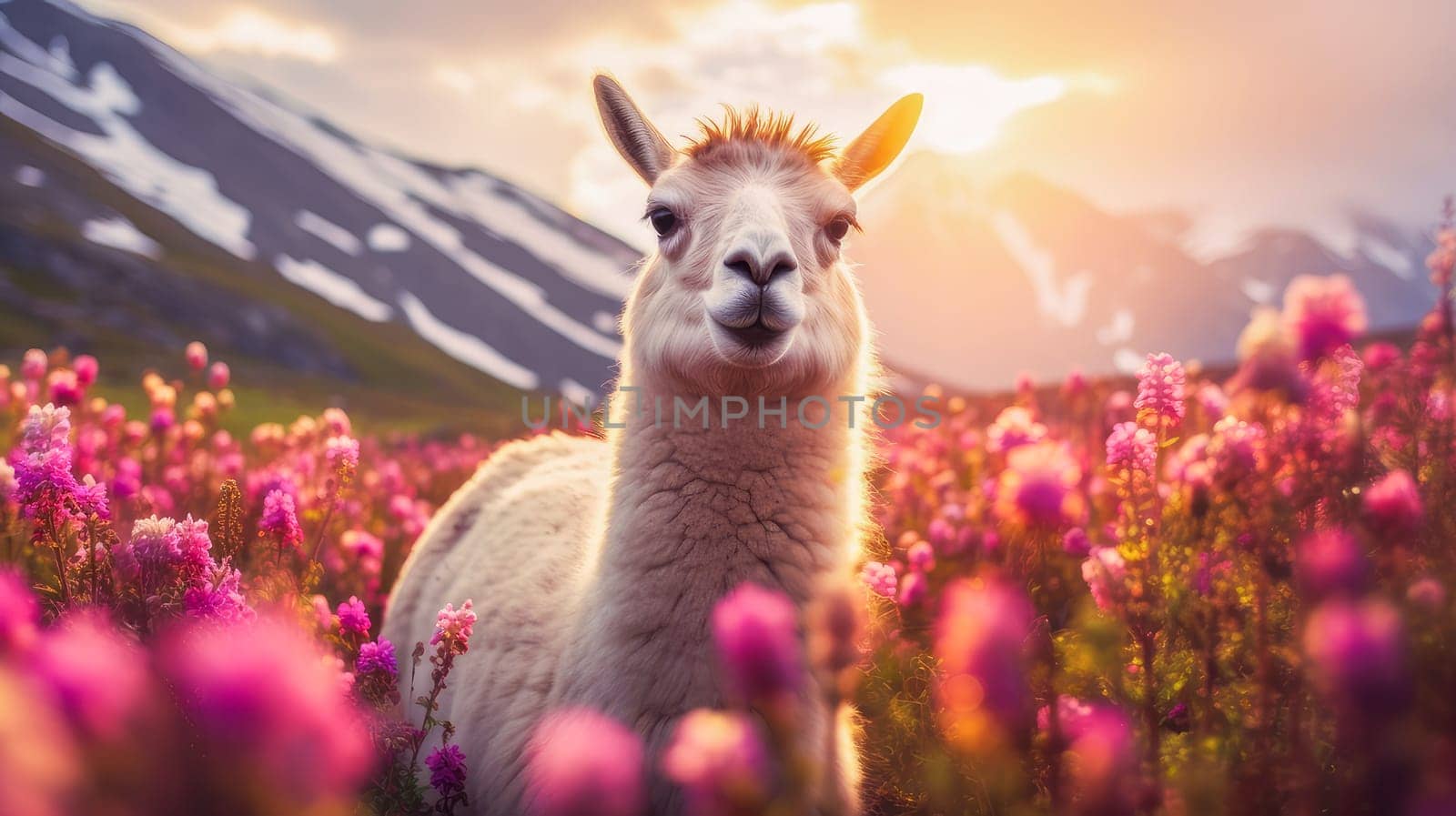 Cute, beautiful llama in a field with flowers in nature, in sunny pink rays. Environmental protection, the problem of ocean and nature pollution. Advertising travel agency, pet store, veterinary clinic, phone screensaver, beautiful pictures, puzzles