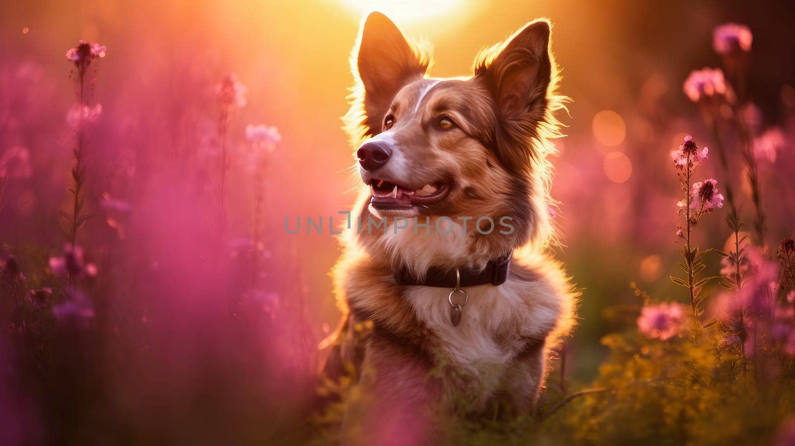 Cute, beautiful dog in a field with flowers in nature, in sunny pink rays. Environmental protection, nature pollution problem, wild animals. Advertising for a travel agency, pet store, veterinary clinic, phone screensaver, beautiful pictures, puzzles