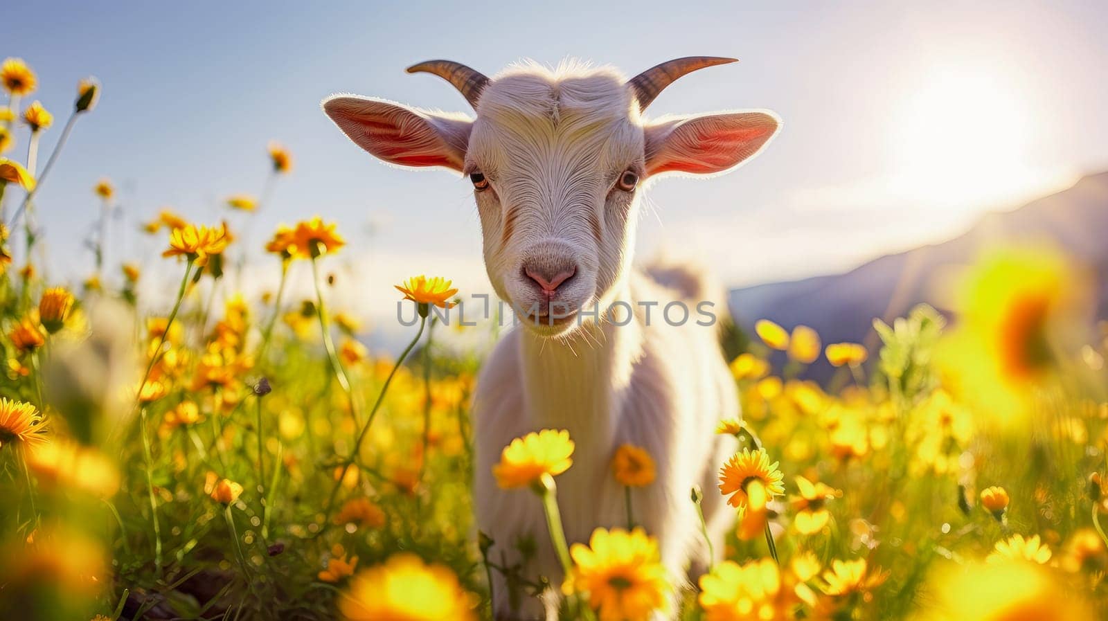 Cute, beautiful goat in a field with flowers in nature, in sunny pink rays. Environmental protection, nature pollution problem, wild animals. Advertising for a travel agency, pet store, veterinary clinic, phone screensaver beautiful pictures, puzzles
