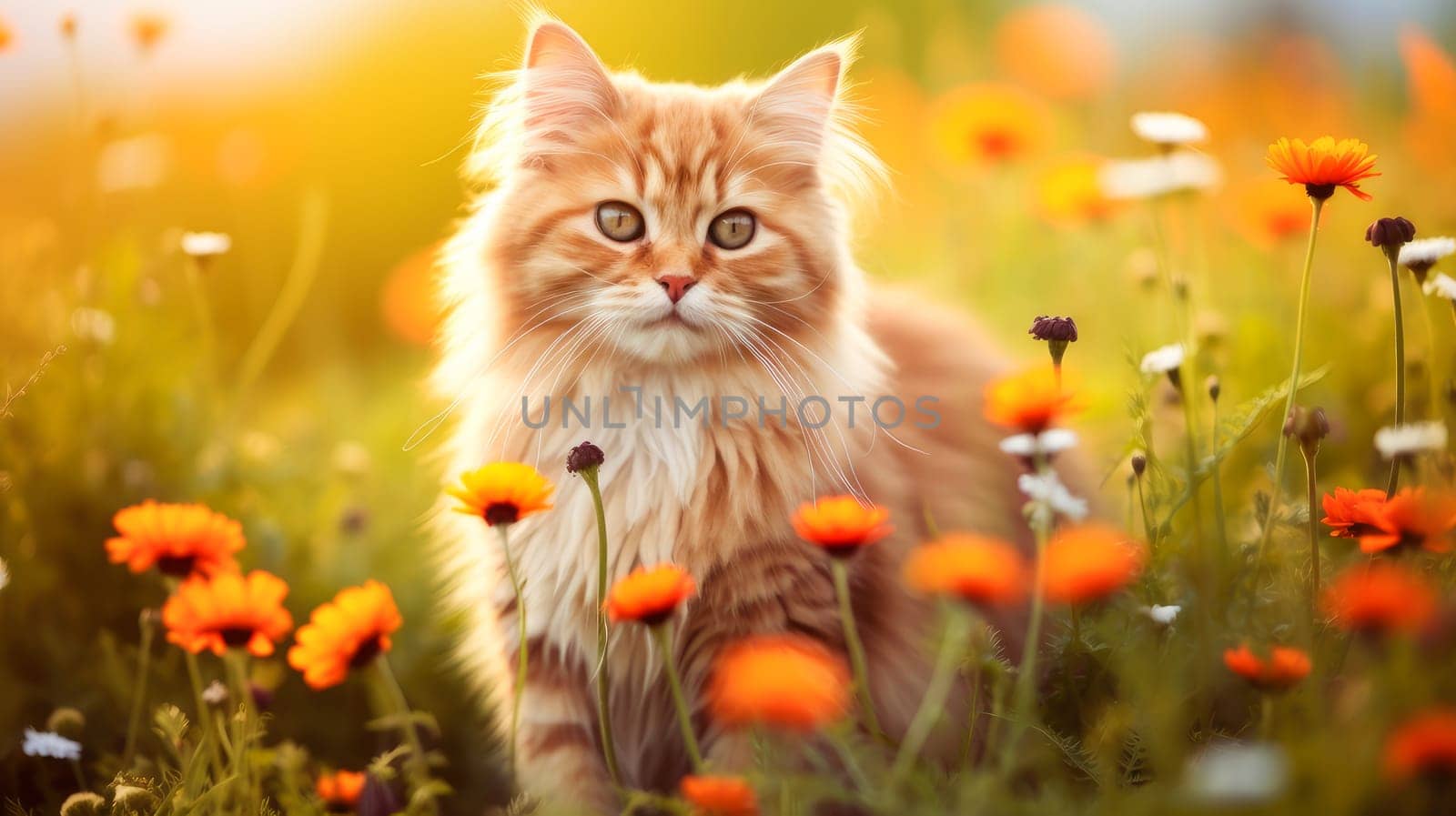 Cute, beautiful cat in a field with flowers in nature, in sunny pink rays. Environmental protection, nature pollution problem, wild animals. Advertising for a travel agency, pet store, veterinary clinic, phone screensaver, beautiful pictures, puzzles