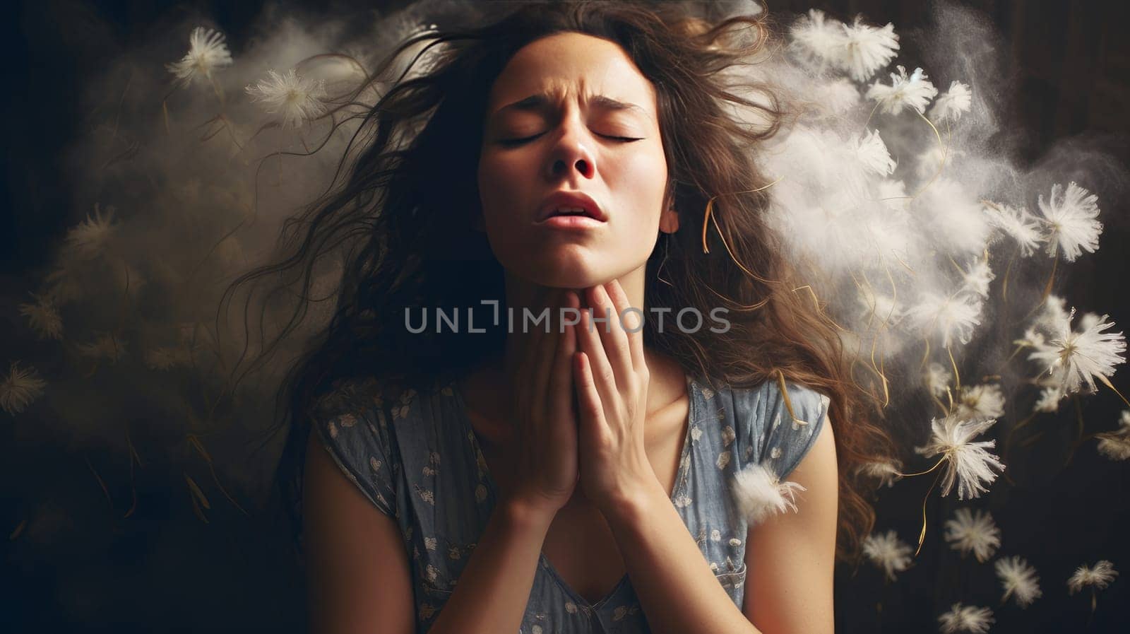Portrait of a sad, lonely, woman with family problems, smoking addiction, domestic violence. A young girl in despair, anger, holding her head with her hands, pain in the throat. Woman suffocates from tobacco smoke
