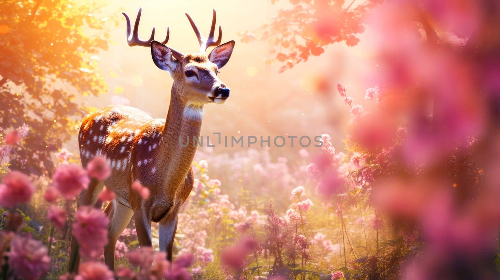 Cute, beautiful deer in a field with flowers in nature, in sunny pink rays. by Alla_Yurtayeva