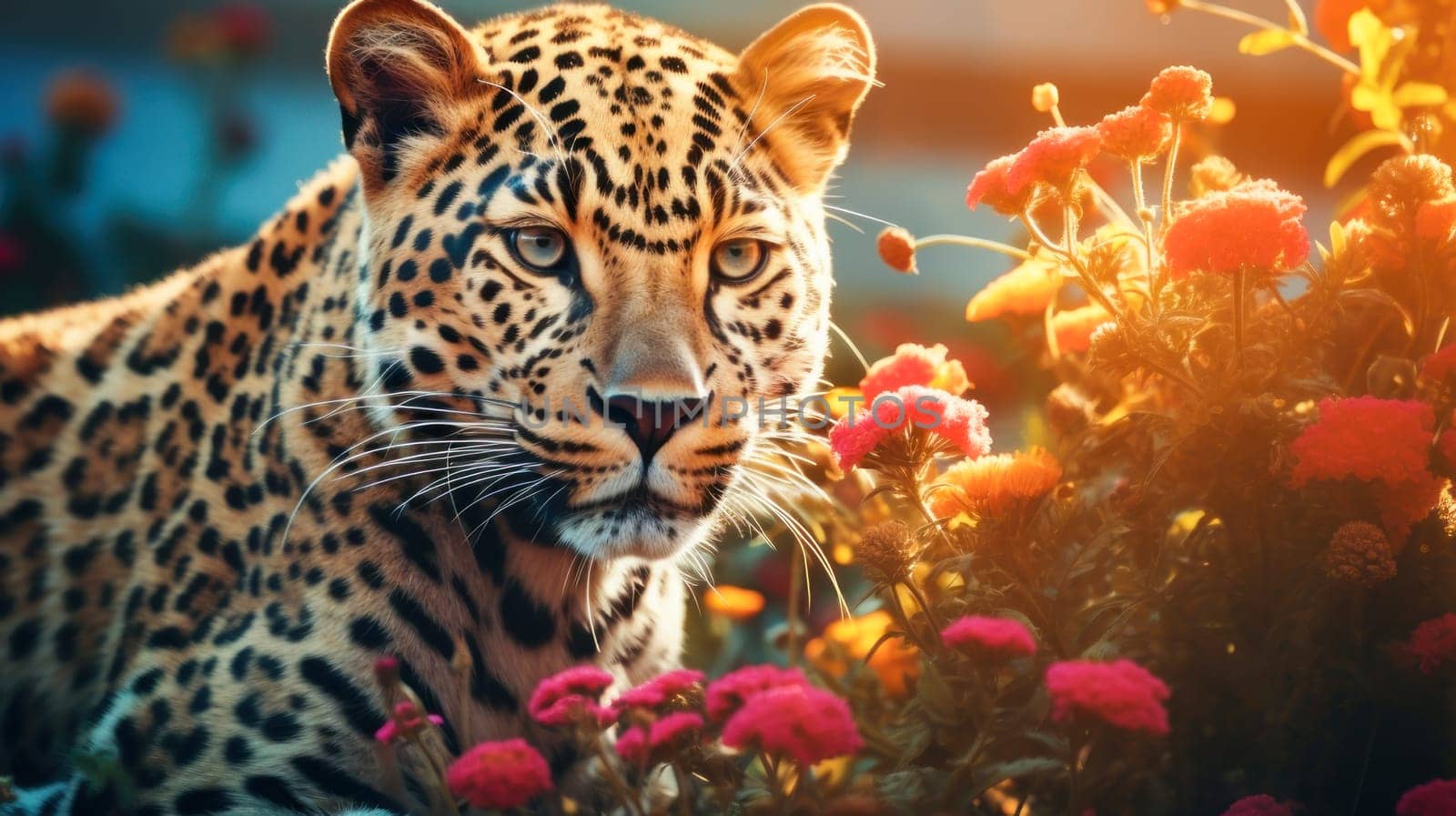 Cute, beautiful leopard in a field with flowers in nature, in sunny pink rays. Environmental protection, nature pollution problem, wild animals. Advertising travel agency, pet store, veterinary clinic, phone screensaver, beautiful pictures, puzzles