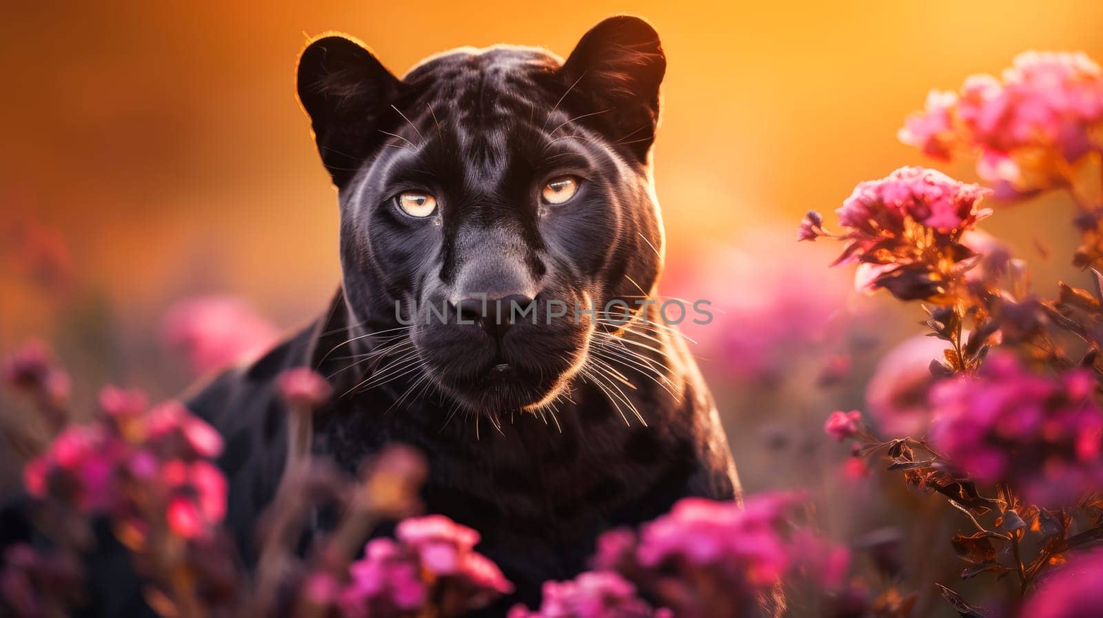 Cute, beautiful panther in a field with flowers in nature, in sunny pink rays. by Alla_Yurtayeva