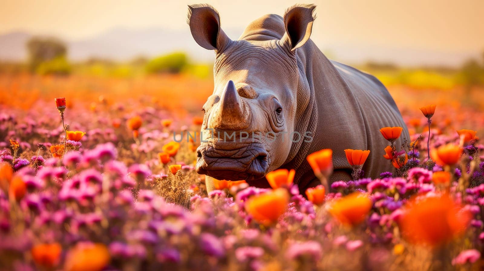 Cute, beautiful rhinoceros in field with flowers in nature, in sunny pink rays. Environmental protection, nature pollution problem, wild animals. Advertising travel agency, pet store, veterinary clinic, phone screensaver, beautiful pictures, puzzles