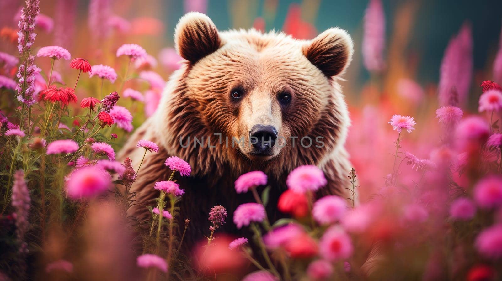 Cute, beautiful bear in a field with flowers in nature, in sunny pink rays. Environmental protection, nature pollution problem, wild animals. Advertising for a travel agency, pet store, veterinary clinic, phone screensaver, beautiful pictures, puzzle