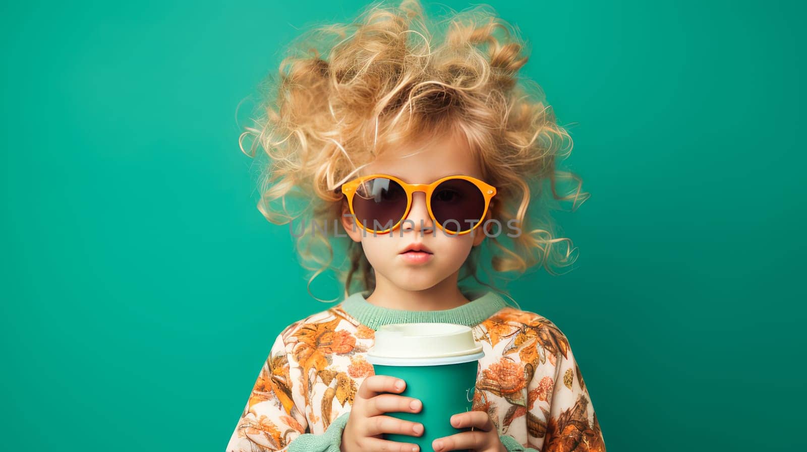 Portrait of a curly girl with a paper glass of coffee on a green background in watercolor style. Cheerful daring modern child in fashionable sunglasses.
